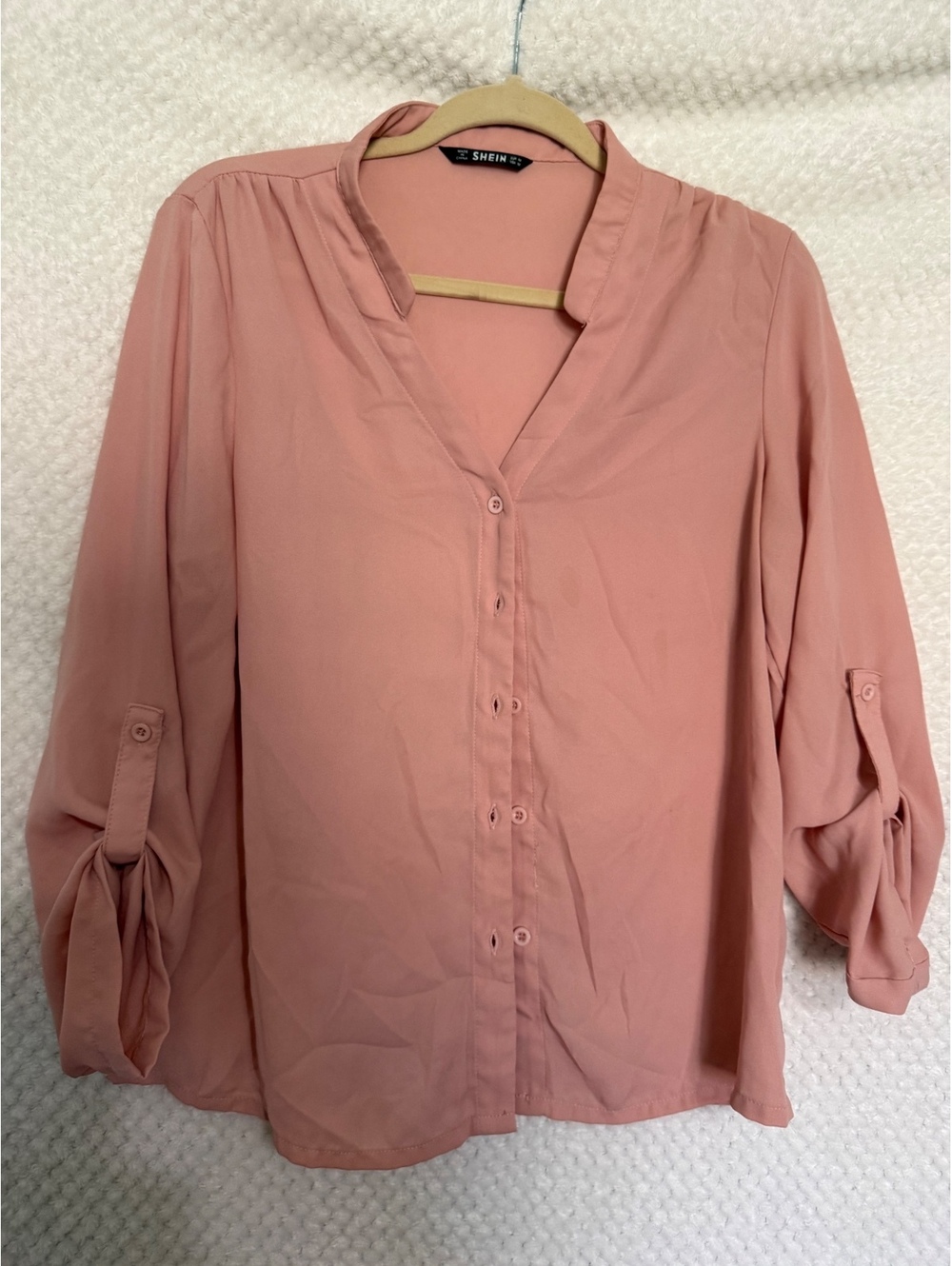 SHEIN Women's Medium Pink Button-Up Blouse with Roll-Up Sleeves